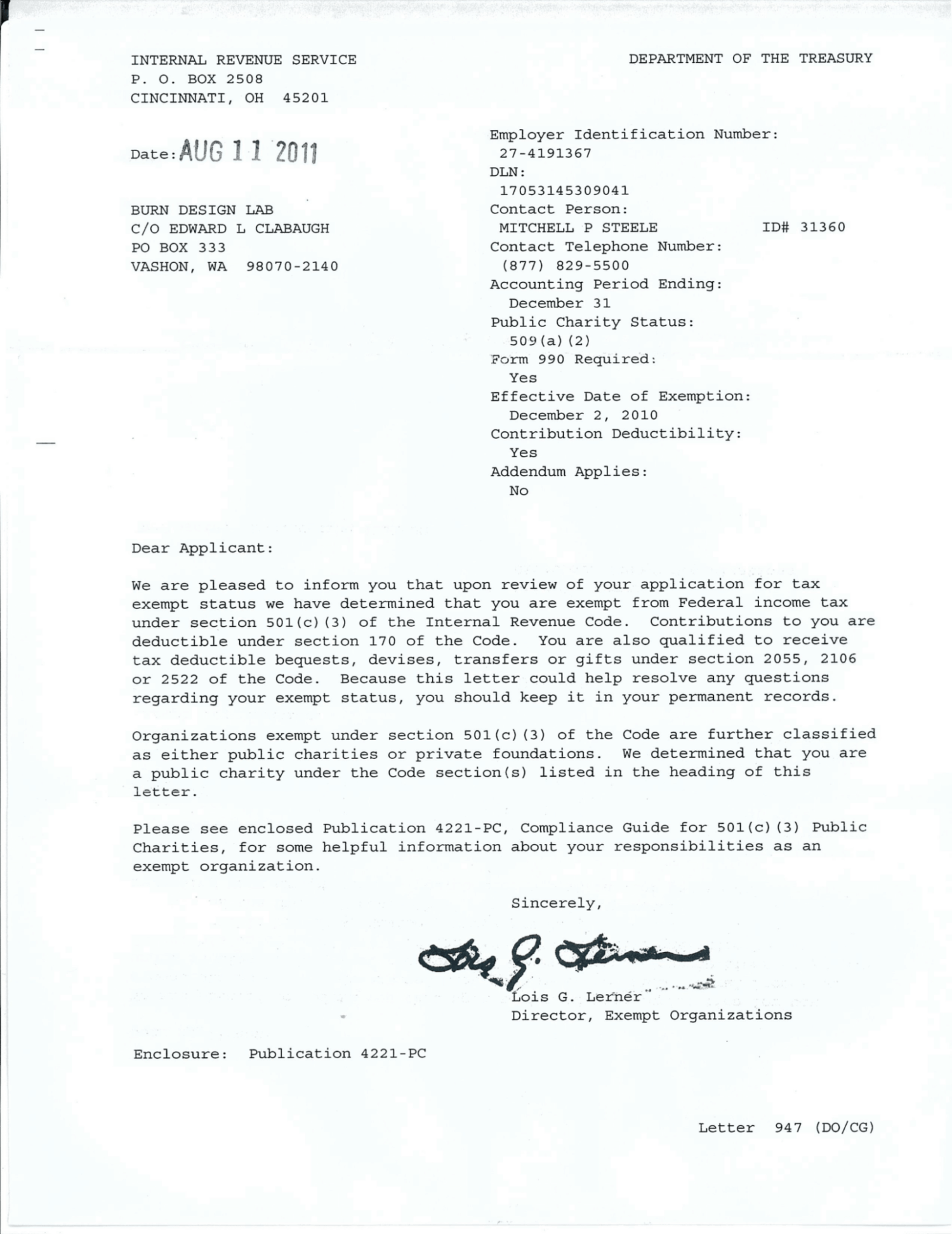 Burn Design Lab Irs Exemption Letter 1