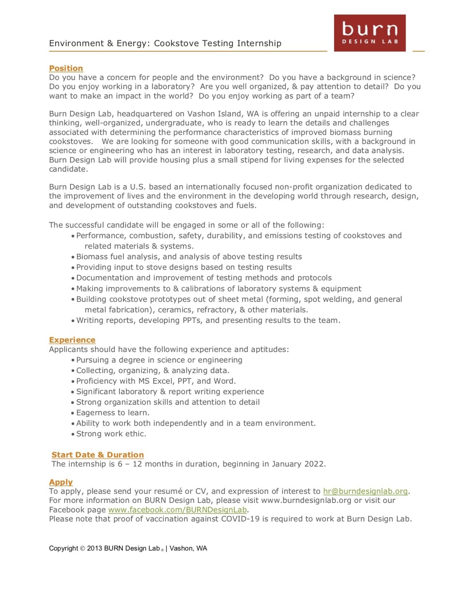 Cookstove Testing Internship